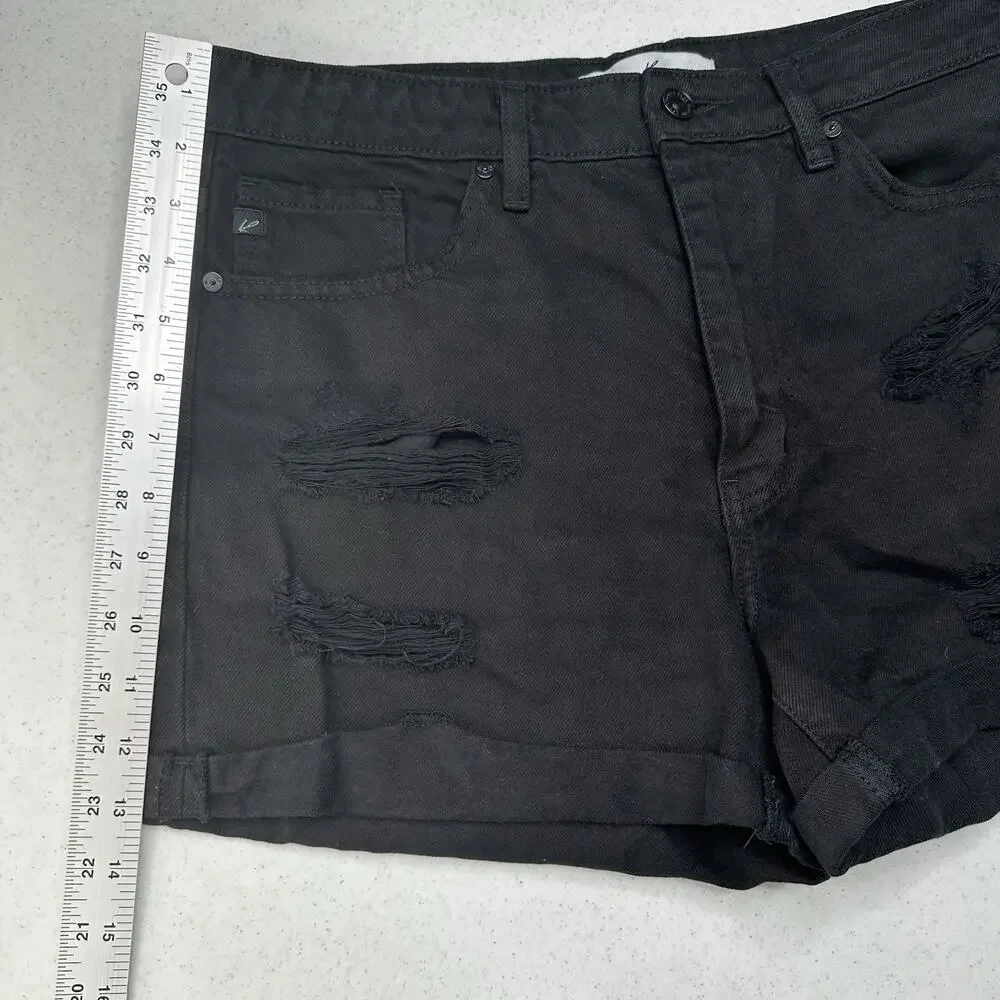 Kancan Shorts Womens Large High Rise Cuffed Black Jean Denim Distress Grunge EUC